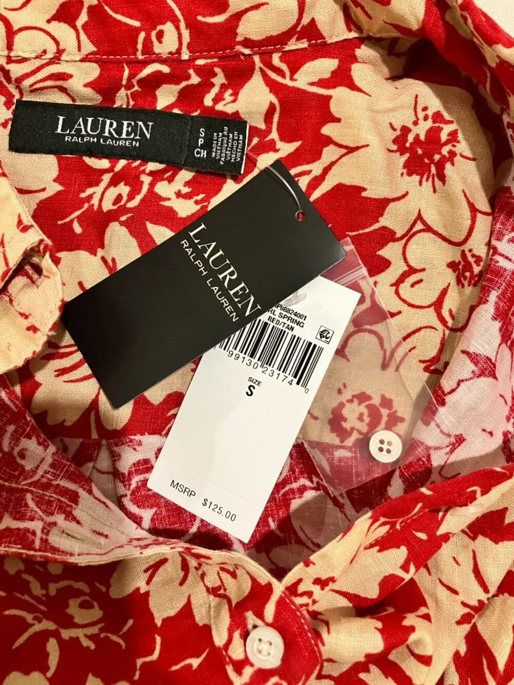 NWT Lauren Ralph Lauren Floral Linen Button Front Shirt Red Tan Size S - Picture 7 of 7